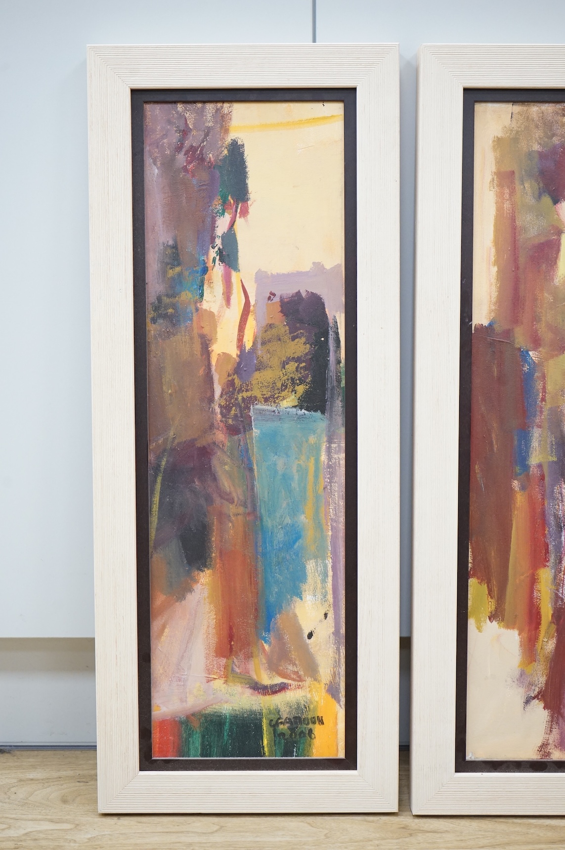 Chucrallah Fattouh (Lebanese, b.1956), pair of contemporary abstracts, each signed and dated 2006, oils on canvas, 64 x 19cm